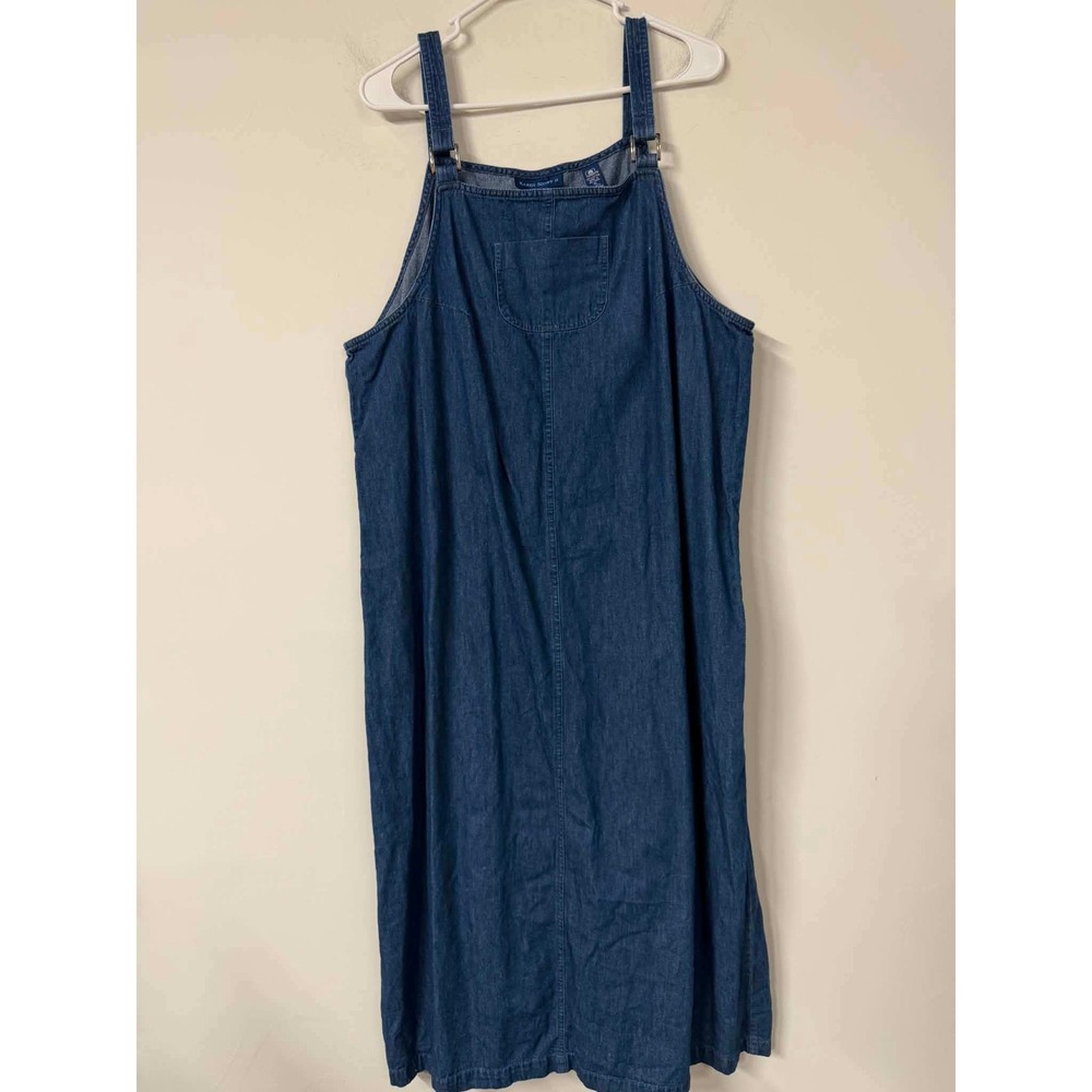 Vtg Karen Scott II Womens 1X Blue Denim Jumper Dress Midi Overall Pocket Modest